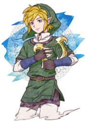  1boy ar_(rikuesuto) belt blonde_hair blue_eyes commentary_request earrings gloves hat instrument jewelry link lyre male_focus painttool_sai_(medium) pointy_ears smile solo the_legend_of_zelda the_legend_of_zelda:_skyward_sword 