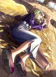  1boy bishounen closed_eyes commentary_request dutch_angle emilio_michaelov feathers full_body green_hair male_focus nakajima_majikana pants pillow psychic_force shirt shoes sleeping solo wings 