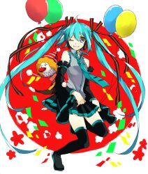  ahoge aqua_eyes aqua_hair bad_id bad_pixiv_id balloon boots detached_sleeves female grin hatsune_miku headphones highres long_hair looking_at_viewer necktie one_eye_closed skirt smile solo thigh_boots thighhighs twintails very_long_hair vocaloid wonoco0916 