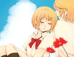  1boy bad_id bad_pixiv_id blonde_hair blue_sky brother_and_sister closed_eyes cloud day female flower hair_ornament hairclip hiro_satochi kagamine_len kagamine_rin leaning_on_person legs_together school_uniform short_hair siblings sky socks twins vocaloid 