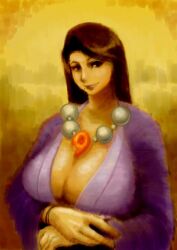  ayasato_chihiro ayasato_mayoi breasts brown_hair capcom cleavage female fine_art_parody gyakuten_saiban gyakuten_saiban highres huge_breasts jewelry magatama mona_lisa moyashipan necklace parody 