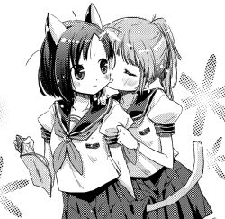  2girls animal_ears blush cat_ears cat_tail closed_eyes commentary_request copyright_request flat_chest greyscale licking licking_another&#039;s_cheek licking_another&#039;s_face monochrome multiple_girls nagisa_honoka tail uniform yuri 