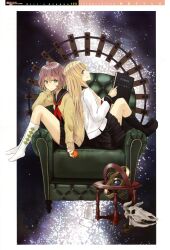  2girls absurdres argyle_clothes argyle_legwear armchair armillary_sphere back-to-back black_legwear blonde_hair blue_eyes book bottle chair cow_skull girl&#039;s_avenue green_eyes highres imageboard_desourced long_hair megami_magazine milk_bottle milky_way multiple_girls nabeshima_tetsuhiro non-web_source pink_hair railroad_tracks scan school_uniform serafuku short_hair sitting skirt skull socks star_(sky) sweater white_legwear 