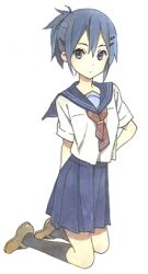  blue_eyes blue_hair female female girl horiguchi_yukiko lowres mai ponytail school_uniform shiromizakana solo the_outside_of_door tobira_no_soto 