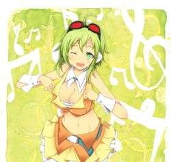  ahoge bad_id bad_pixiv_id bare_shoulders beamed_eighth_notes blush body_blush breasts cleavage commentary_request crop_top eighth_note female goggles goggles_on_head green_eyes green_hair gumi highres large_breasts looking_at_viewer midriff musical_note navel one_eye_closed open_mouth red-tinted_eyewear short_hair skirt smile solo suu2510 tinted_eyewear treble_clef vocaloid wrist_cuffs 