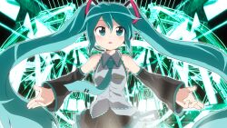  aqua_eyes aqua_hair bare_shoulders detached_sleeves female hatsune_miku highres long_hair massala necktie open_mouth outstretched_arms skirt solo spread_arms twintails very_long_hair vocaloid 