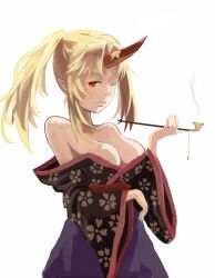  alternate_costume alternate_hairstyle arm_up bare_shoulders blonde_hair breasts cleavage commentary_request eluthel female floral_print horns hoshiguma_yuugi japanese_clothes kimono kiseru large_breasts off_shoulder one_eye_closed pointy_ears ponytail red_eyes single_horn smoking smoking_pipe solo touhou yuujo 