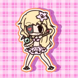  0_0 :3 bad_id bad_pixiv_id blonde_hair character_request chibi eyepatch female fushigi_ebi latale navel outline plaid plaid_background shadow skirt solid_oval_eyes solo 