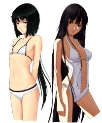  2girls arms_behind_back bikini bikini_top_only black_eyes black_hair brown_eyes casual_one-piece_swimsuit character_request commentary_request cropped_legs flat_chest long_hair micro_bikini multiple_girls navel one-piece_swimsuit original ponytail shimohigashi_kanna swimsuit very_long_hair 