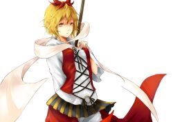  adapted_costume bad_id bad_pixiv_id bell blonde_hair female hair_ornament kizuka_kanata polearm ribbon shawl short_hair solo toramaru_shou touhou weapon white_background yellow_eyes 