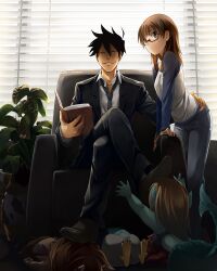  1boy akutabe armchair azazel_(azazel-san) beelzebub_(azazel-san) book brown_hair chair commentary_request crossed_legs female formal glasses grin hand_on_own_hip highres kouzu_shou moloch necktie no_eyebrows plant raglan_sleeves sakuma_rinko salamander_(azazel-san) sitting smile suit undine venus_flytrap yondemasu_yo_azazel-san. 