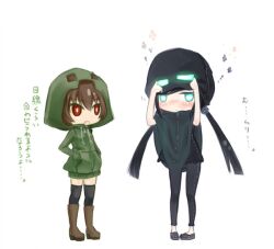  2girls adjusting_clothes aqua_eyes black_hair blush boots brown_hair commentary_request creeparka creeper embarrassed enderman fidgeting glowing glowing_eyes goggles goggles_on_head hands_in_pockets hood hoodie image_sample long_hair looking_away minecraft multiple_girls nicoseiga_sample poncho qsr red_eyes short_hair thighhighs translated twintails zettai_ryouiki 