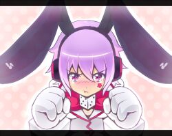  :t animal_ears commentary_request cosmic_break dice female gloves headset letterboxed pout purple_hair rabbit_ears red_eyes renny_lop ribbon short_hair ska solo tears 