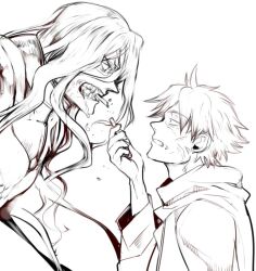  2boys armor berserker_(fate/zero) biting brushing_teeth commentary_request drooling fate/zero fate_(series) greyscale hood hoodie lancelot_(fate/zero) long_hair male_focus matou_kariya monochrome multiple_boys spoilers toothbrush tori_(driftwood) white_background 