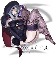  ashiomi_masato breasts cape claw_(weapon) cleavage commentary_request crossed_legs detached_sleeves drill_hair feet female flower garter_straps gem grey_hair hood jewelry lace lace-trimmed_legwear lace_trim large_breasts legs legs_up lips necklace no_shoes open_mouth orb pearl_(gemstone) photoshop_(medium) purple_thighhighs red_eyes rose sitting skirt solo soulcalibur soulcalibur_v spider_web_print thighhighs thighs underboob viola_(soulcalibur) weapon 