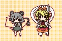  0_0 2girls animal_ears animal_print bad_id bad_pixiv_id basket bishamonten&#039;s_spear black_legwear blonde_hair chibi dowsing_rod dress fushigi_ebi grey_hair holding holding_with_tail jewelry mouse_ears mouse_tail multicolored_hair multiple_girls nazrin outline pendant plaid plaid_background polearm prehensile_tail smile solid_oval_eyes spear tail tiger_print toramaru_shou touhou two-tone_hair weapon 