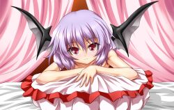  :3 bat_wings bed blush canopy_bed collarbone commentary_request female highres looking_at_viewer lying nude on_stomach pillow pink_eyes purple_hair remilia_scarlet roura short_hair smile solo touhou wings 