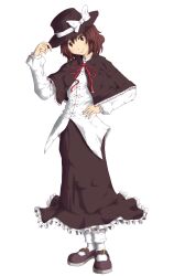  absurdres bad_id bad_pixiv_id black_capelet brown_eyes brown_hair capelet dress_shirt female full_body fushigi_ebi hand_on_headwear hand_on_own_hip hat hat_ribbon highres long_skirt ribbon shirt skirt smile solo standing touhou transparent_background usami_renko 