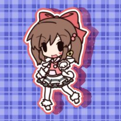  0_0 :d bad_id bad_pixiv_id bow brown_hair character_request chibi earrings female fushigi_ebi hair_bobbles hair_ornament hairbow heart jewelry latale open_mouth outline plaid plaid_background shadow single_earring skirt smile solid_oval_eyes solo 