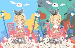  &gt;_&lt; blonde_hair closed_eyes commentary_request female hair_ornament hairband hairclip holding kagamine_rin lamppost letter love_letter mikanniro open_mouth shuumatsu_ga_yattekuru!_(vocaloid) skirt smile vocaloid 