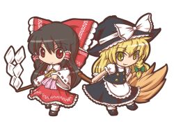  2girls bad_id bad_pixiv_id black_hair blonde_hair bow braid broom chibi dress earrings fushigi_ebi hair_tubes hakurei_reimu hat hat_bow holding jewelry kirisame_marisa long_hair multiple_girls red_eyes single_braid single_earring smile touhou white_bow witch_hat yellow_eyes 