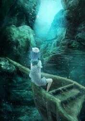  air_bubble akai_kitsune back bad_id bad_pixiv_id blue_hair bubble dress female hat highres murasa_minamitsu sailor_dress sailor_hat shipwreck shirt short_hair shorts sitting solo touhou underwater 