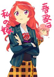  2girls :3 bad_id bad_pixiv_id blazer can&#039;t_be_this_cute crossed_arms highres jacket long_hair multiple_girls nanami_haruka ore_no_imouto_ga_konna_ni_kawaii_wake_ga_nai parody pink_hair plaid plaid_skirt purple_eyes red_hair saotome_academy_school_uniform school_uniform shinomiya_natsuki_(uta_no_prince-sama) short_hair skirt some0217 translation_request unmoving_pattern uta_no_prince-sama yellow_eyes 