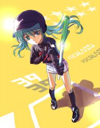  39 aqua_eyes aqua_hair bad_id bad_pixiv_id baseball_helmet commentary_request female gloves hatsune_miku helmet highres kneehighs parody shoes shorts sneakers socks solo spring_onion star_(symbol) suzuki_ichirou suzumaru twintails vocaloid yellow_background 