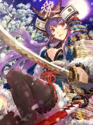  armor bad_id bad_pixiv_id black_thighhighs breasts cleavage female full_moon fur_trim genderswap_(mtf) habaki helmet holding holding_sword holding_weapon japanese_armor kabuto_(helmet) katana kusazuri lips long_hair medium_breasts moon naoe_kanetsugu_(sengoku_saga) photoshop_(medium) purple_hair red_eyes rule_63 samurai sengoku_saga sheath sheathed shoulder_armor smile sode solo sword thighhighs tob tsuba_(guard) weapon 