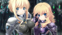  2girls bernadette_le_tigre_de_la_riviere blonde_hair blue_eyes bodysuit breasts breasts_apart covered_nipples ef-2000_typhoon_(muv-luv) highres ilfriede_von_feulner large_breasts long_hair looking_at_viewer mecha medium_breasts miyata_sou multiple_girls muv-luv muv-luv_alternative muv-luv_alternative_chronicles rafale_(muv-luv) robot salute smile tactical_surface_fighter 