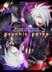  1boy albino belt blood bodysuit brad_kirsten character_name commentary_request copyright_name dual_persona flower hair_over_one_eye male_focus psychic_force red_eyes rinnagi tongue upside-down white_hair 