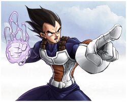  1boy armor aura black_hair bodysuit border clenched_hand cloud cloudy_sky commentary day dragon_ball dragon_ball_z energy english_commentary gloves hybridav male_focus muscular open_mouth outdoors photoshop_(medium) pointing pointing_forward saiyan_armor sky solo spiked_hair vegeta white_border white_gloves 