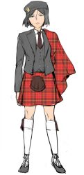  1boy black_hair bob_cut commentary_request fate/zero fate_(series) ghille_brogues green_eyes hat highres kilt kneehighs male_focus necktie plaid scotland socks solo sporran tori_(driftwood) waver_velvet white_background white_socks 