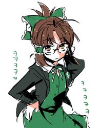  akizuki_ritsuko bad_id bespectacled bow brown_eyes brown_hair cosplay female glasses hair_tubes hairbow hakurei_reimu hakurei_reimu_(cosplay) hands_on_own_hips idolmaster idolmaster_(classic) nightea photoshop_(medium) solo touhou white_background 