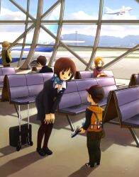  2girls 3boys aircraft airplane airport bad_id bad_pixiv_id bag baseball_cap black_legwear blonde_hair blue_eyes boeing_787 brown_hair cellphone chair cloud control_tower day eijima_moko flying glasses hands_on_own_knees hat highres kansai_international_airport leaning_forward lolicon lost_child mountain multiple_boys multiple_girls open_mouth original osaka_(city) pantyhose pencil_skirt phone reading rolling_suitcase scarf shadow short_hair shoulder_bag skirt suitcase tower toy toy_airplane travel_attendant uniform 