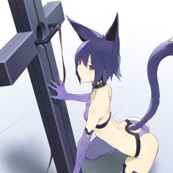  animal_ears ass ass_cutout blue_hair choker clothing_cutout copyright_request cross elbow_gloves female gloves jiyu2 red_eyes short_hair solo tail thighhighs 