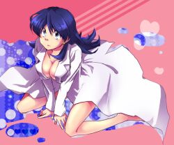  alternate_costume alternate_hairstyle bad_id bad_pixiv_id blue_eyes blue_hair breasts cleavage earrings female hk_(nt) jewelry kris_(pokemon) lab_coat large_breasts long_hair pokemon pokemon_adventures solo 