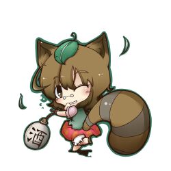  animal_ears blush brown_eyes brown_hair chibi commentary_request dekasudachin female futatsuiwa_mamizou glasses jug_(bottle) leaf leaf_on_head one_eye_closed raccoon_ears raccoon_tail smile solo tail touhou 