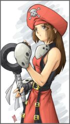  anchor bare_shoulders brown_eyes brown_hair commentary_request female fingerless_gloves gauntlets gloves guilty_gear halterneck hat hybridav long_hair may_(guilty_gear) orange_hat orange_shirt pirate_hat shirt skull_and_crossbones solo 