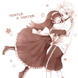  2boys :d ^_^ alluka_zoldyck androgynous black_eyes black_hair boots brothers closed_eyes commentary_request copyright_name hairband hug hunter_x_hunter killua_zoldyck long_hair male_focus mikanniro multiple_boys open_mouth otoko_no_ko siblings smile white_hair 