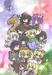  &gt;:) 6+girls :d ^_^ anchor animal_ears backpack bag black_hair black_wings blonde_hair blue_eyes blue_hair bow braid brown_eyes brown_hair camera chibi closed_eyes commentary_request crossed_arms fingers_together flower fujiwara_no_mokou fushigi_ebi gradient_hair green_eyes grey_hair hair_bobbles hair_flower hair_ornament hair_tubes hairbow hakurei_reimu hat hat_bow hat_ribbon hieda_no_akyuu highres hijiri_byakuren holding horn_bow horn_ornament horns houraisan_kaguya ibuki_suika index_fingers_together kawashiro_nitori kirisame_marisa long_hair maribel_hearn mouse_ears mouse_tail multicolored_hair multiple_girls murasa_minamitsu nazrin necktie one_eye_closed open_mouth purple_eyes purple_hair ribbon sailor_hat scroll shameimaru_aya single_braid smile tail tokin_hat toramaru_shou touhou two_side_up usami_renko v-shaped_eyebrows wings witch_hat writing yakumo_yukari 