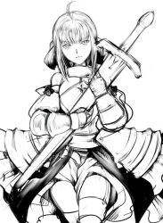  ahoge armor armored_dress artoria_pendragon_(fate) bare_shoulders bow commentary_request detached_sleeves dress fate/stay_night fate/unlimited_codes fate_(series) female gauntlets greyscale hairbow monochrome ponytail saber_lily sheath sheathed solo sword thighhighs tori_(driftwood) weapon 