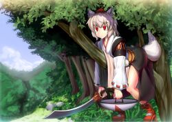  animal_ears bare_legs branch commentary_request detached_sleeves female forest geta grey_hair hat hinami_(hinatamizu) holding in_tree inubashiri_momiji japanese_clothes kourindou_tengu_costume lying nature on_stomach red_eyes shield shoes short_hair solo sword tail tokin_hat touhou tree weapon white_hair wolf_ears wolf_tail 