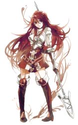  armor armored_dress bare_shoulders belt boots breastplate closed_mouth commentary_request cordelia_(fire_emblem) dark_red_hair female fire_emblem fire_emblem_awakening full_body gauntlets holding holding_polearm holding_weapon long_hair looking_at_viewer polearm red_eyes red_hair shirori_(maremitu) simple_background skirt solo spear thighhighs very_long_hair weapon white_background 