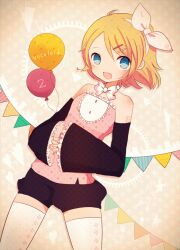  ayu_(mog) bad_id bad_pixiv_id bare_shoulders blonde_hair blue_eyes female hair_ornament hair_ribbon hairclip kagamine_rin looking_at_viewer open_mouth own_hands_together ribbon short_hair smile solo thighhighs vocaloid white_thighhighs 