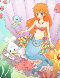  commentary_request coral corsola earrings female flower green_eyes highres horsea jewelry kasumi_(pokemon) long_hair luvdisc mermaid mermaid_misty_(pokemon) midriff monster_girl necklace orange_hair pokemon pokemon_(anime) pokemon_(classic_anime) pokemon_(creature) potato_(nari420) seaweed seel shell shell_bikini smile star_(symbol) staryu underwater 