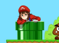  amami_haruka brown_hair commentary_request crossover female gloves goomba green_eyes hat idolmaster idolmaster_(classic) mario_(series) md5_mismatch oerba_yun_fang overalls peaked_cap solo super_mario_bros._1 tonkotsu_kurage warp_pipe 