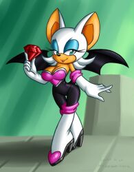  2012 abstract_background anthro bat big_breasts blue_eyes boots breasts chaos_emerald cleavage clothed clothing collaboration crovirus female footwear gem heart_symbol looking_at_viewer mammal membrane_(anatomy) membranous_wings rouge_the_bat sega sif simple_background solo sonic_the_hedgehog_(series) standing wings 