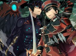  2boys aqua_eyes arai_12 armor belt black_armor black_hair blade_master_(elsword) blood bodysuit claws commentary_request edan_(elsword) elsword green_background hat male_focus mask multiple_boys raven_cronwell reckless_fist_(elsword) red_eyes sam_browne_belt sword uniform valak_(elsword) weapon 