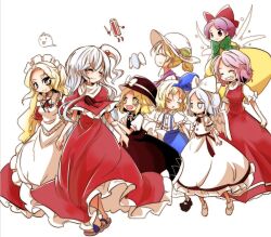  6+girls :d :o ^_^ alice_margatroid alice_margatroid_(pc-98) alternate_hair_color apron bakebake_(touhou) blonde_hair bow bowtie capelet closed_eyes commentary_request everyone fifiruu ghost hairband hairbow hat hat_bow hitodama long_hair louise_(touhou) mai_(touhou) maid_headdress multiple_girls mystic_square open_mouth pink_hair ponytail purple_hair rengeteki_(touhou) sandals sara_(touhou) shinki_(touhou) shoes short_hair side_ponytail smile suspenders touhou touhou_(pc-98) white_hair wings yellow_eyes yuki_(touhou) yumeko_(touhou) 